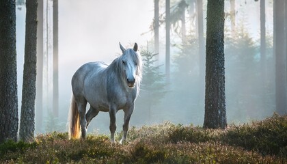 majestic gray horse grazing near tall trees during a misty afternoon in the wilderness