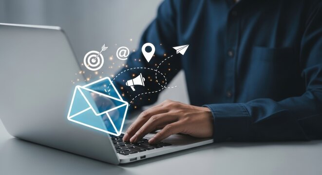 Man typing on laptop with email marketing icons floating above the keyboard in a digital composition