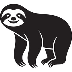 A black and white graphic illustration of a smiling sloth standing on all fours in simple style on transparent background