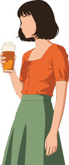 Woman holding glass of beer wearing orange top and green skirt casual style vector illustration 