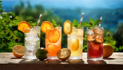 refreshing summer beverages with citrus and ice in natural setting