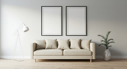Minimalist living room featuring a beige sofa with pillows, two framed blank posters on the wall, a floor lamp, and a plant in a vase.