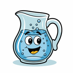 Happy cartoon water pitcher with a smiling face and bubbles