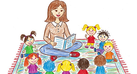 Wax crayon drawing depicts teacher reading for children on a carpet. Teacher reads, surrounded by kids listening, created with messy lines and overlapping chalky colors.