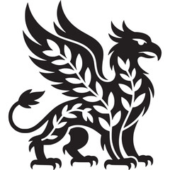 A stylized black griffin with leafy branches on its body against a light gray background image art on transparent background