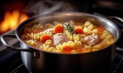 Classic chicken noodle soup simmering on the stove in a rustic kitchen