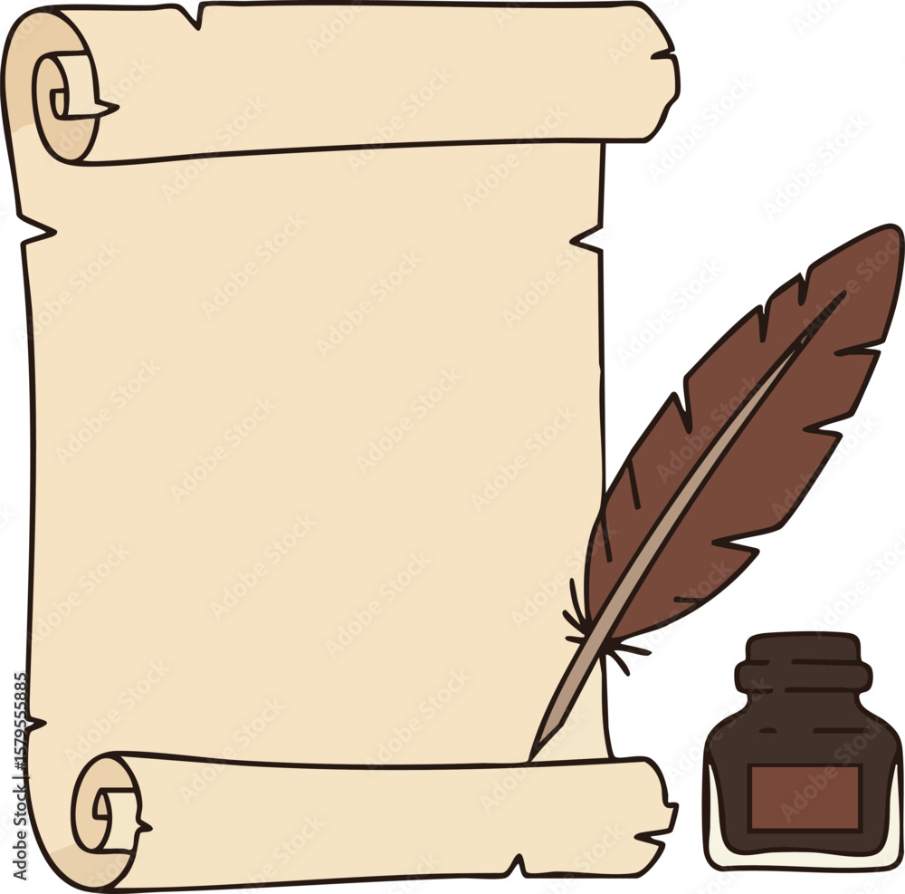 Fototapete vintage parchment scroll with quill feather pen and ink bottle illustration in simple style vector a