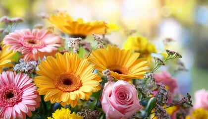 vibrant floral arrangement with red roses and white daisies highlighted among bright yellow chrysanthemums on a subtle background