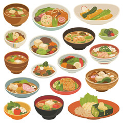 Collection of various japanese food dishes and soups in bowls and plates