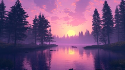 Obraz premium Serene sunset over a misty lake nestled within a dark, evergreen forest, the water reflecting the vibrant purple and orange hues of the sky