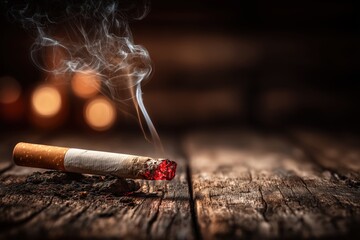 burning cigarette on rustic wood surface with glowing ember and smoke