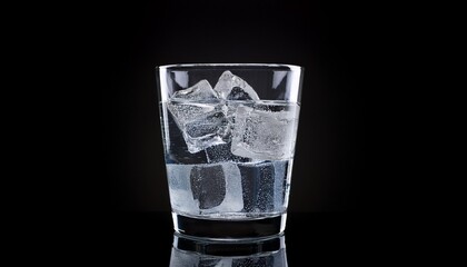 a glass filled with water and ice cubes against black backdrop