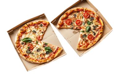 Eco-friendly pizza delivery box made from biodegradable kraft material with rustic finish isolated on transparent background PNG
