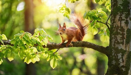 a curious squirrel explores tree branches lush with fresh green leaves during spring sunlight filters through the canopy creating a serene atmosphere in the forest