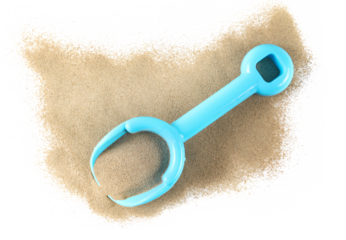Plastic blue shovel, beach toy for kids in sand, isolated on white background, top view