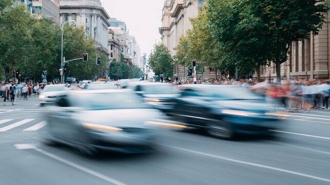 Blurry image of a busy street with cars and pedestrians