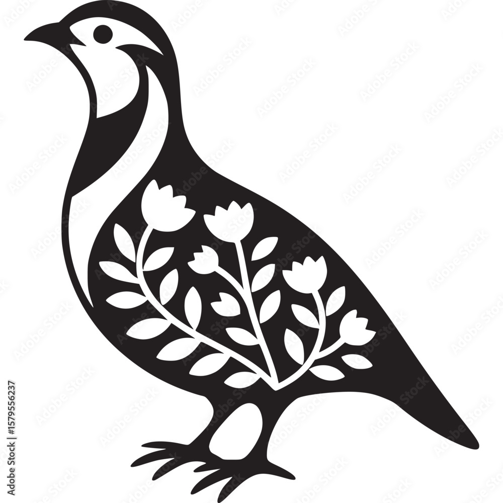 Poster a black and white graphic of a bird with floral elements on its body in a simple vector style on tra