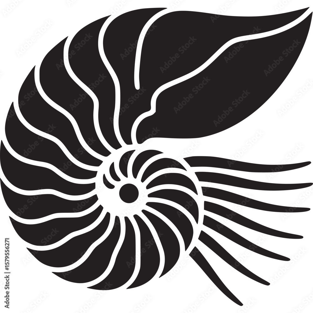 Poster a black and white graphic illustration of a nautilus shell with a leaf like structure attached to it