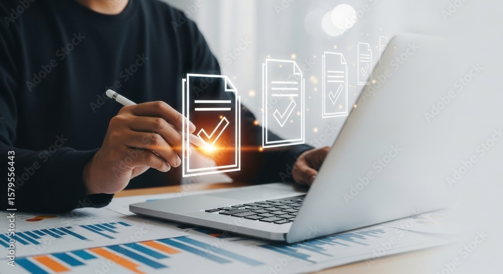 Aufkleber man working on laptop with digital document icons and charts on the table in a bright office space
