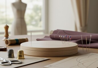 Sewing essentials beautifully arranged, with needles, pins, and thimbles on display for crafting.