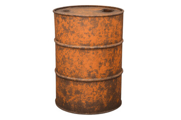 Fototapeta premium Rusty metal barrel isolated against a transparent background, displaying signs of corrosion and decay, reflecting industrial waste and pollution