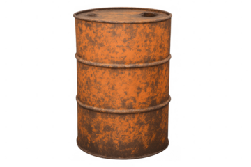 Rusty metal barrel isolated against a transparent background, displaying signs of corrosion and decay, reflecting industrial waste and pollution