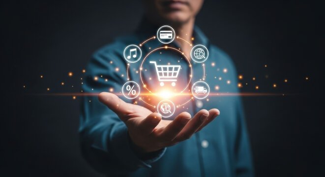 A person holding a shopping cart icon surrounded by other icons in their hand with dark background