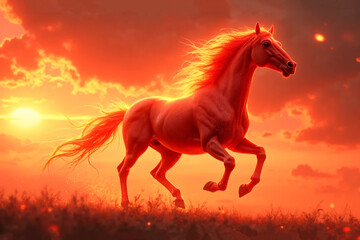 Red fiery horse gallops freely in the evening field. Symbol of 2026 year.