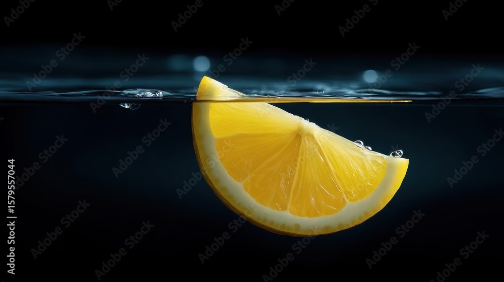 Poster close-up of a slice of lemon floating in the water. the lemon is in the center of the image, with th