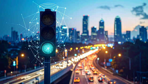 Smart Traffic Control: Capturing the dynamic intersection of technological innovation and urban life, an illuminating view of a smart traffic light against the backdrop of a bustling cityscape.