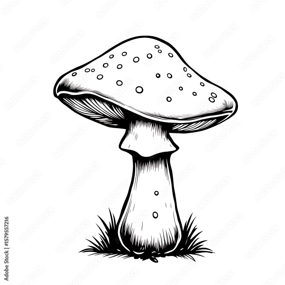 Poster a monochrome sketch of a mushroom with spotted cap with grass at base on transparent background