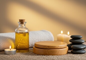 A tranquil spa setting with candles, stones, and massage oil, promoting calm and well-being.