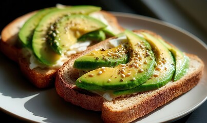 Delicious avocado toast garnished with spices in warm natural sunlight