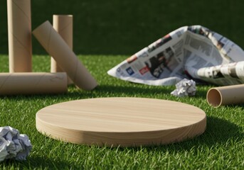 Wooden platform on grass with tubes and crumpled paper, for a product display.