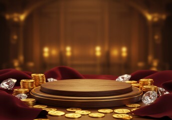 Elegant display featuring a wooden stage, gold coins, and sparkling diamonds.