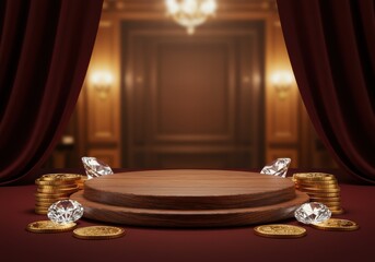Diamonds and gold coins surround a wooden podium, set in a luxurious scene.