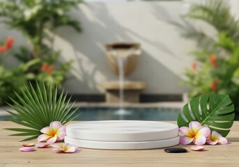 Tropical spa setting featuring plumeria flowers, greenery, and a wooden platform.