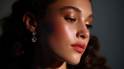Close-up portrait of a young woman's face. she has dark hair that is styled in loose curls and is wearing a pair of statement earrings.
