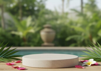 A tranquil setting with a podium, flowers, and a pool in the background