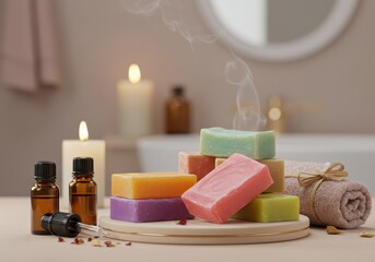 Colorful soaps, essential oils, and candles in a relaxing spa setting. 