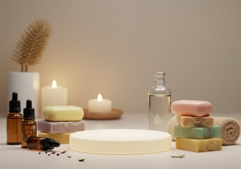 Calm and soothing spa scene with soaps, oils, and candles, evoking a sense of peace and tranquility.