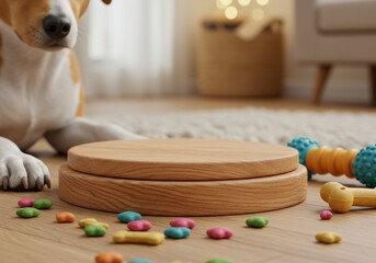A curious dog anticipates treats near a wooden platform, creating a heartwarming scene.