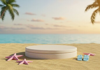 Summer beach scene featuring a display podium with starfish and flip-flops on the sand.