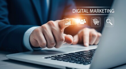 A person interacting with digital marketing icons on a laptop screen in a business setting view