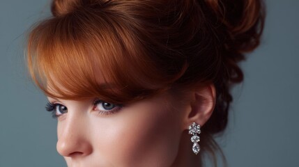 Close-up portrait of a woman's face. she has a serious expression with her eyes looking off to the side. her hair is styled in a messy updo with loose curls framing her face.