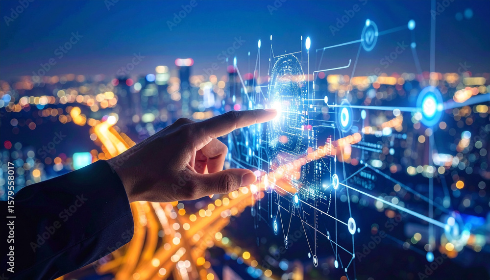 Poster digital connection: a futuristic scene showcases a hand interacting with a luminous digital interfac