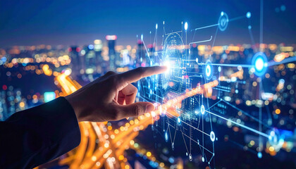 Digital Connection: A futuristic scene showcases a hand interacting with a luminous digital interface overlaid on a city skyline, symbolizing technological innovation and interconnectedness.
