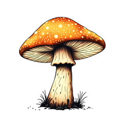 illustration of a single orange mushroom with white spots artful design on transparent background