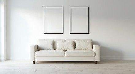 Fototapeta premium Empty white frames on a white wall with a cream colored sofa in a minimalist living room.