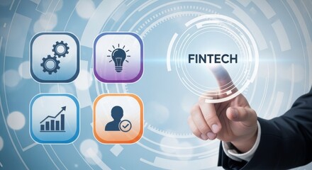 A hand touching fintech interface with icons of gears, lightbulb, graph, and user profile